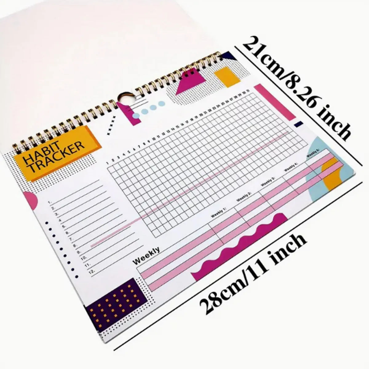 English habit tracking book open showing pages, 21cm by 28cm in flower white colour