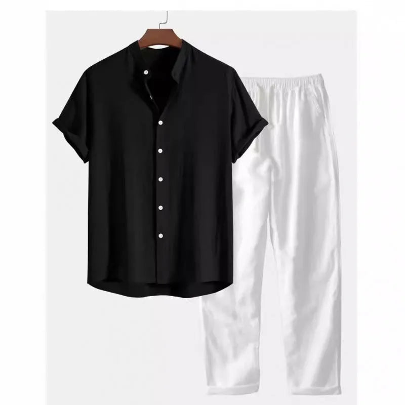 Men's loose fitting short sleeve shirt and trousers suit in linen-look polyester fabric on hanger