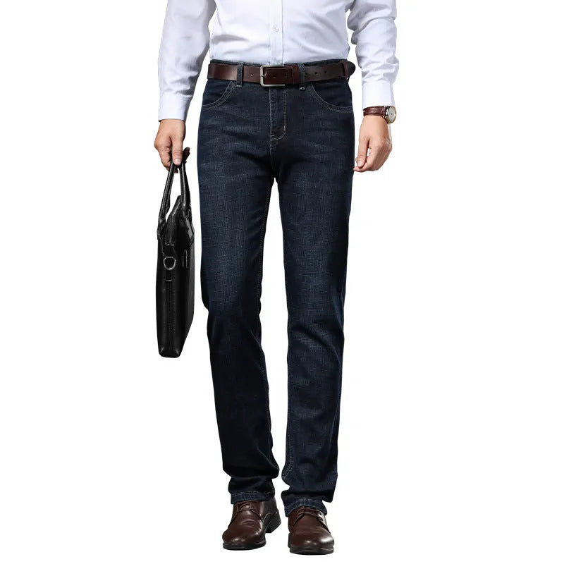 Women's black stretch jeans with straight-leg business casual styling and mid-waist zip placket