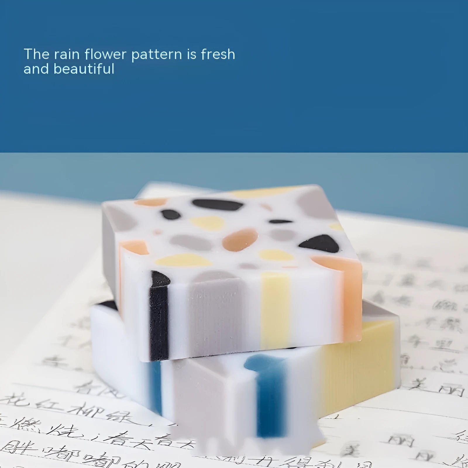 Brick-shaped solid rubber traceless eraser for pencil correction.