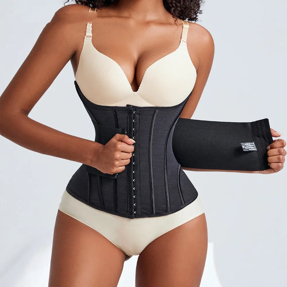 Nylon belly band waist trainer in black or apricot colour showing size range from XXXS to 3XL