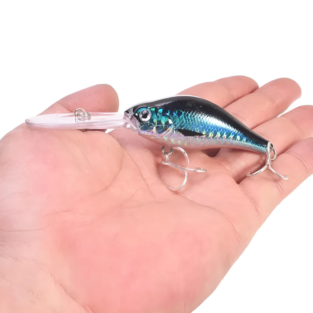 Deep diving fishing lure with long lip, 10.5cm length, in assorted colour patterns
