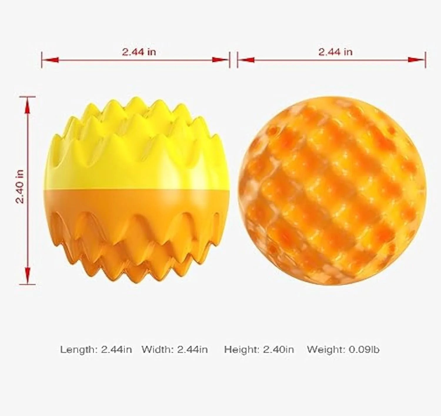 Blue and orange squeaky rubber dog ball with textured dental cleaning surface