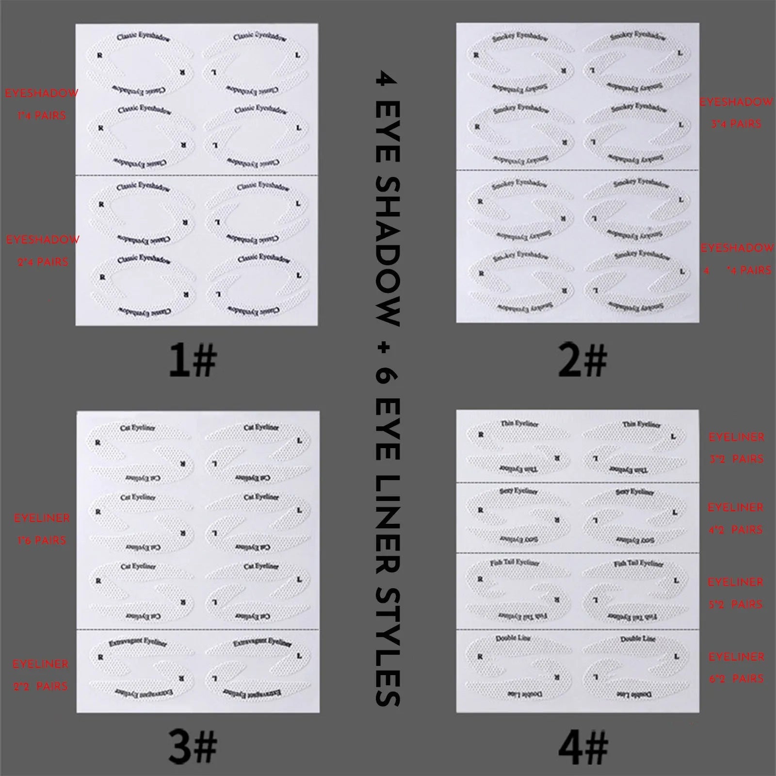 Set of four reusable flexible eyeliner sticker stencils for creating winged and cat-eye makeup looks