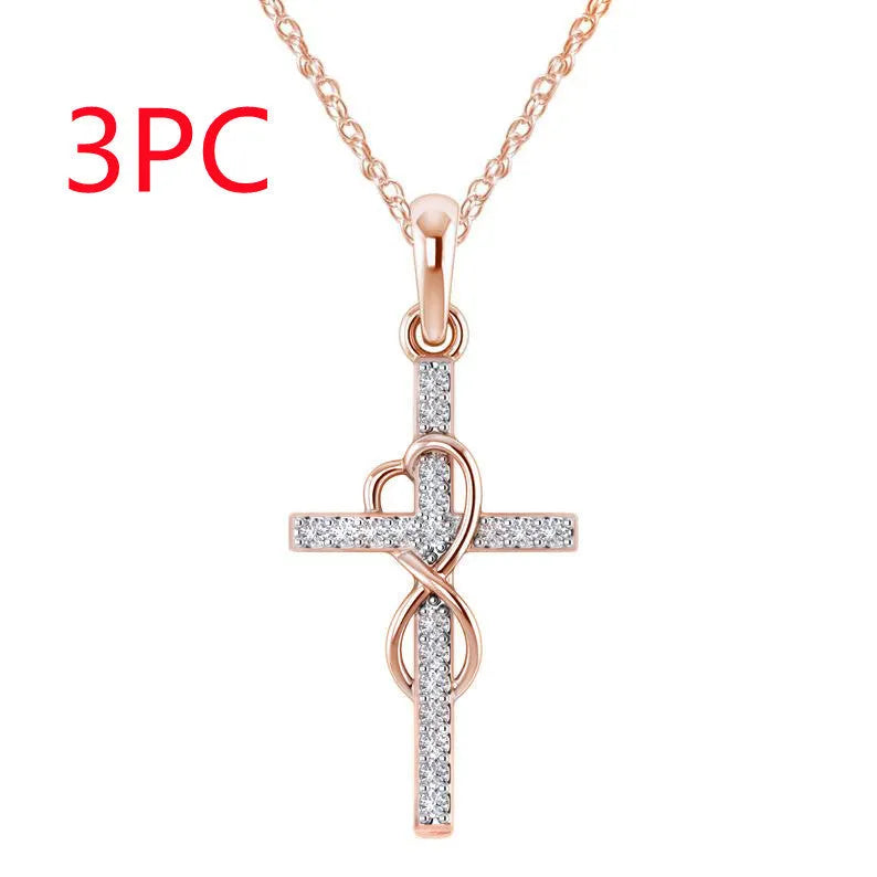 Alloy cross pendant necklace with diamond detail, adjustable chain, gold colour, unisex design
