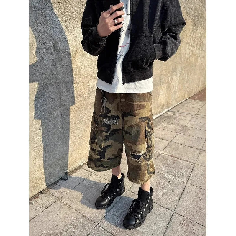 Men's camouflage coloured cropped jeans with ripped detailing and straight leg loose fit