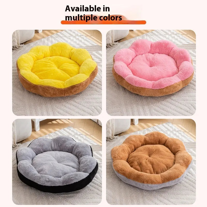 Brown grey rabbit plush round cat bed with a removable washable cover, shown in L size.