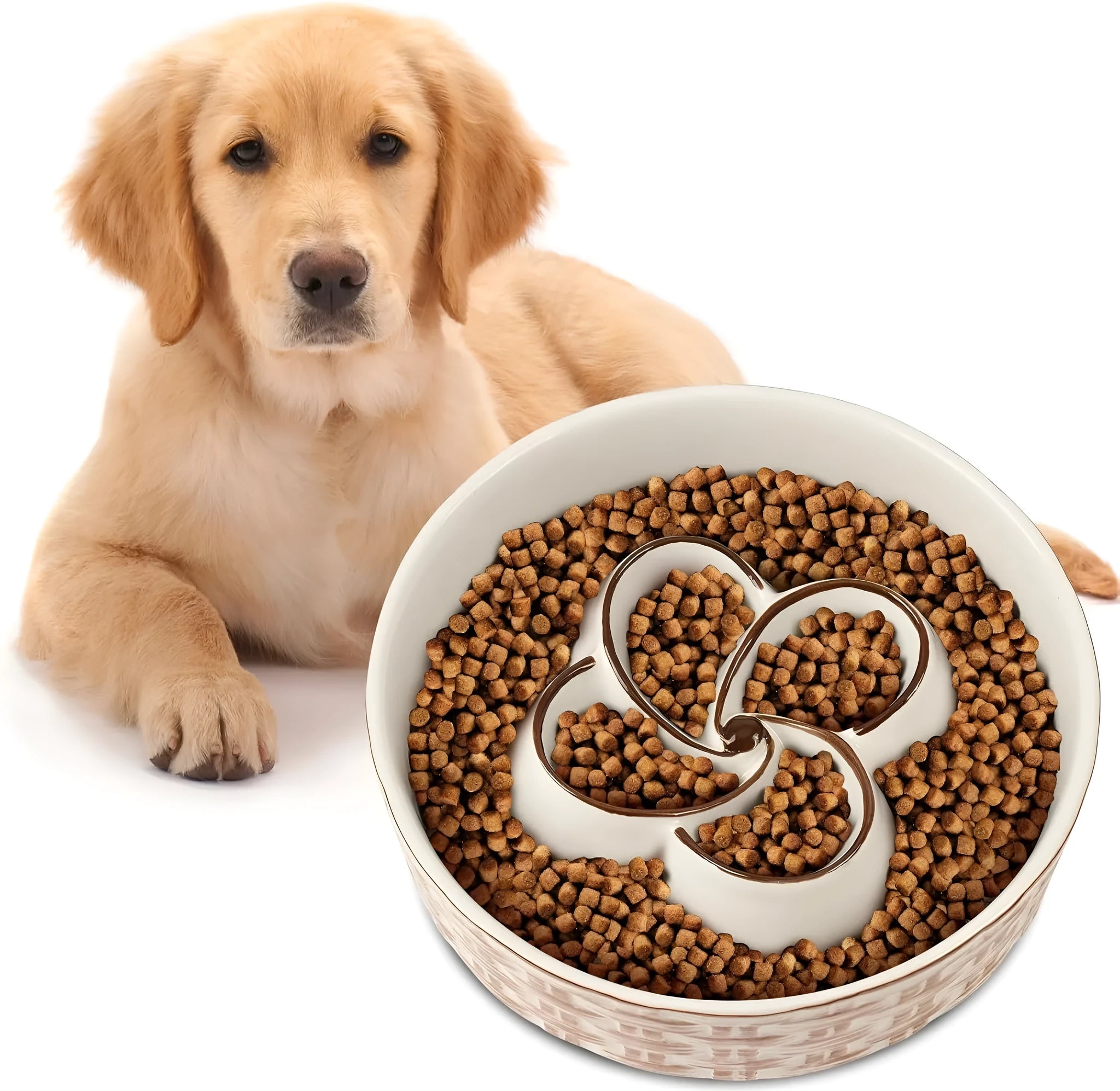Ceramic slow feeder dog bowl for medium large dogs in blue non-slip anti-choking design