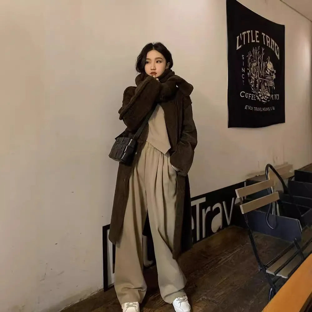 Women's brown casual sports suit with loose fit and Japanese Korean styling