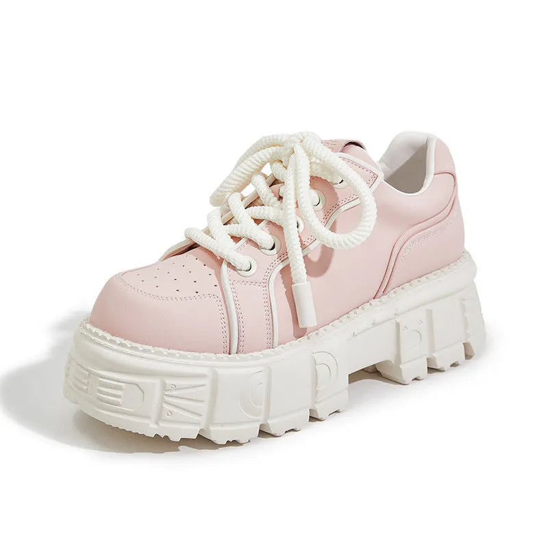 Beige and pink women's leather casual shoes with a raised rubber foam sole for height increase.