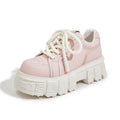 Beige and pink women's leather casual shoes with a raised rubber foam sole for height increase.