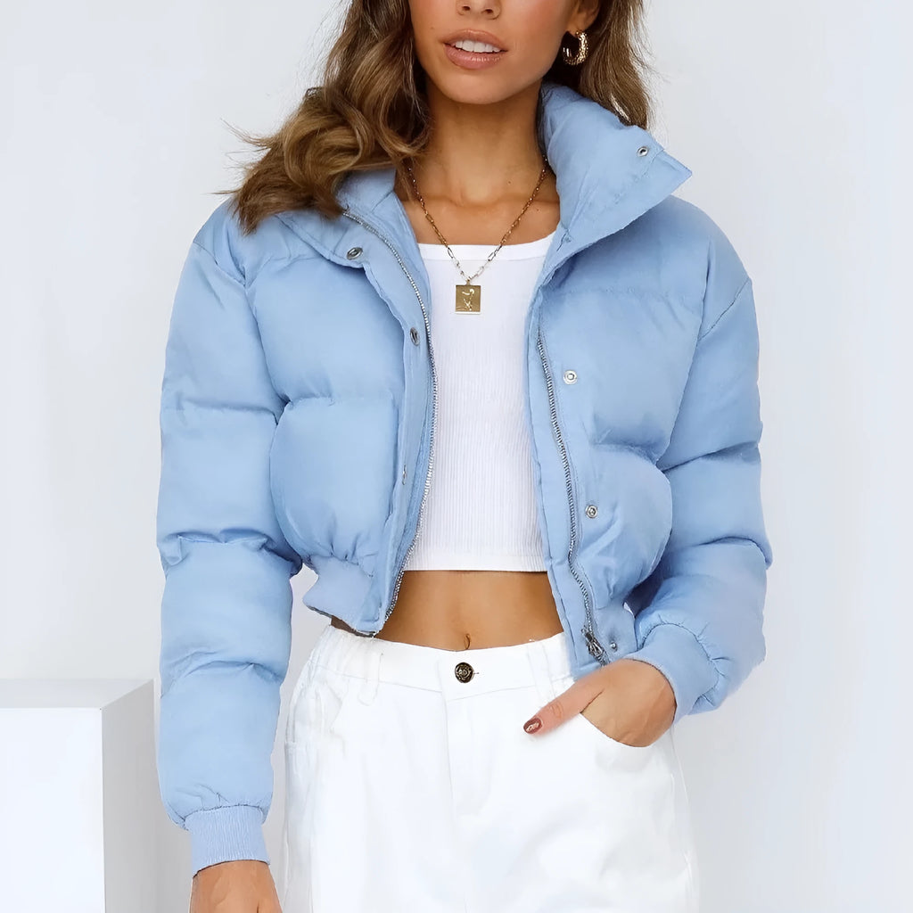Women's loose polyester long sleeve jacket in blue with regular sleeve and relaxed fit