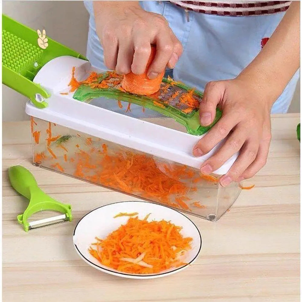 Green 12-piece multifunctional vegetable chopper set with stainless steel blades, manual handheld design, on kitchen countertop