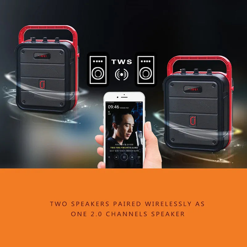 MS62AI colour portable Bluetooth speaker with wireless microphone and remote control on table