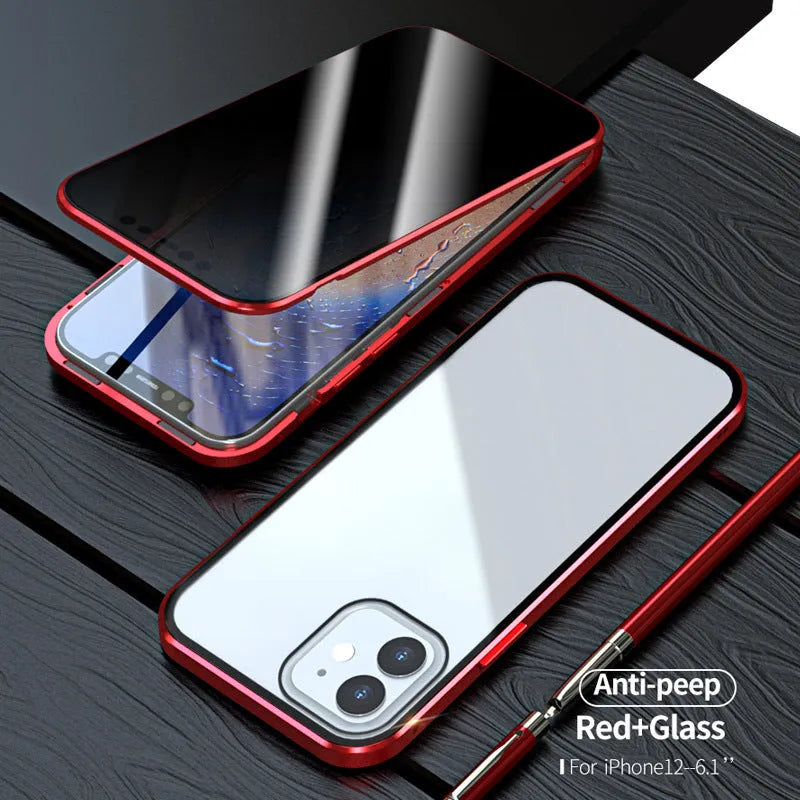 Black magnetic privacy glass phone case with anti-spy feature for iPhone on a table