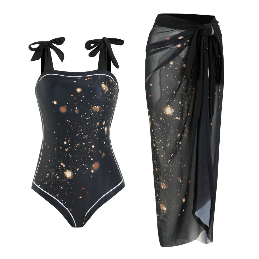 Floral print one-piece polyester swimsuit with matching skirt, sleeveless, available in brown printing