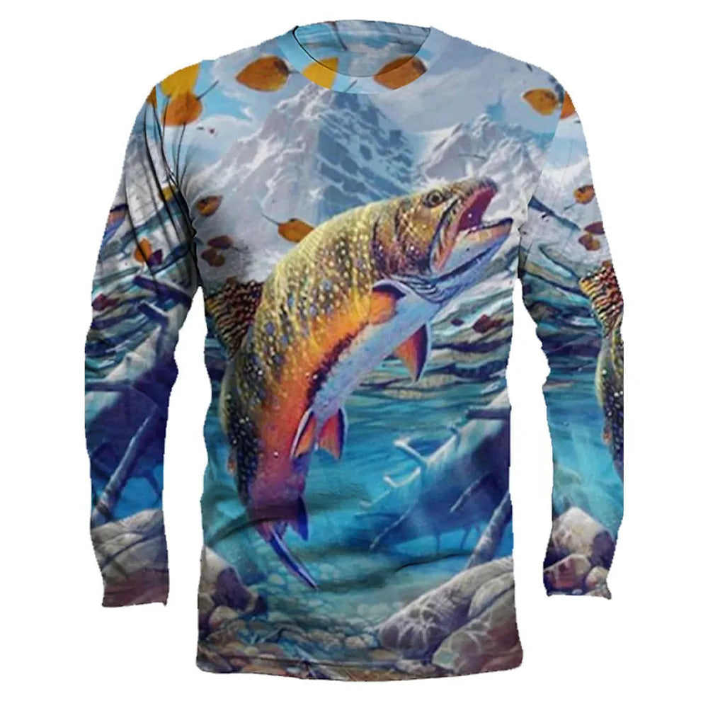 Man wearing a grey pullover with a colourful fish print graphic, long sleeves and a round neck.