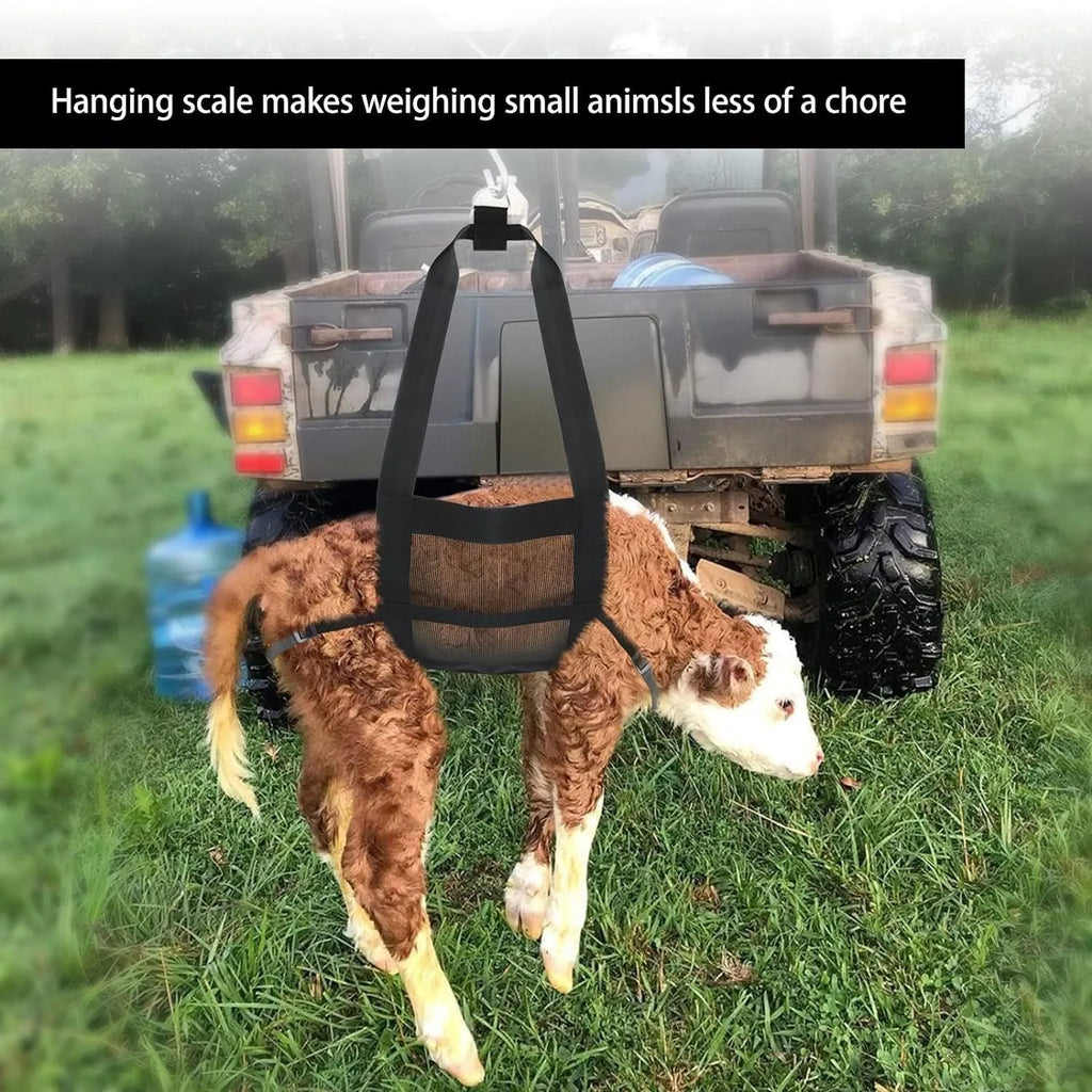 Black nylon calf and large dog weighing sling with adjustable handles laid flat, showing its 150cm length.