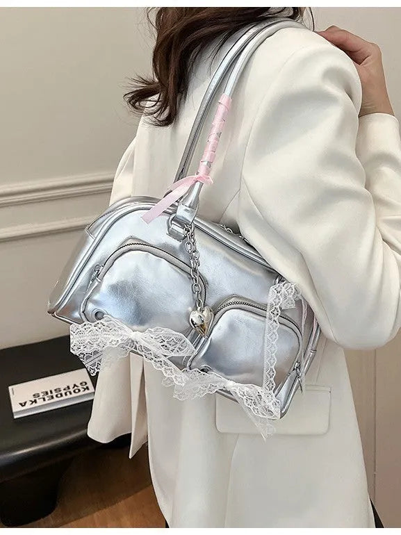 Horizontal square shoulder bag in soft PU material with double straps and internal phone compartment