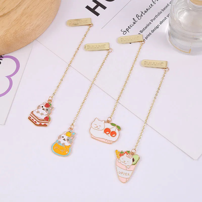 Jane Key Foodie Cute Pet Cat metal pendant bookmark with laminated card, four design options shown.