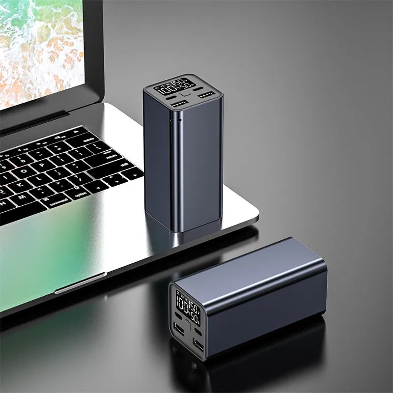 Super fast charging metal power bank with 20000mAh capacity and 65W output in black, blue, or grey colours