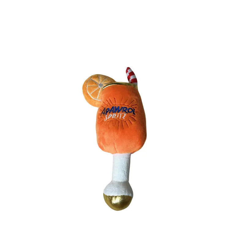 Yellow wine glass shaped plush squeaky dog toy with teeth cleaning ridges