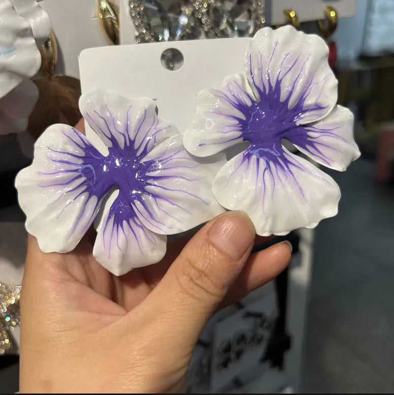 Pastoral-style alloy flower stud earrings with oil-spot glaze electroplating finish