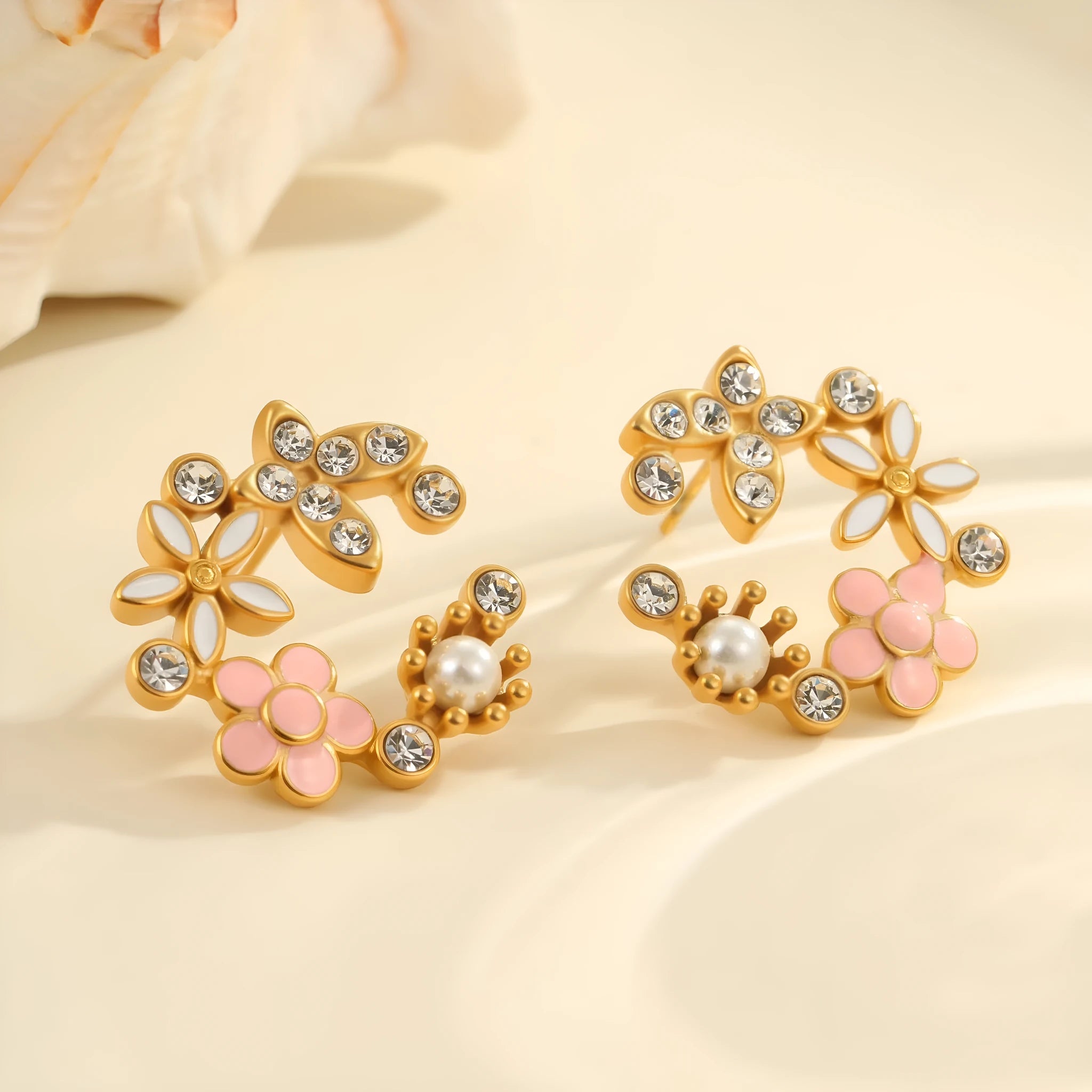 Diamond colourful oil flower stud earrings with petal design and 18K gold electroplating on stainless steel