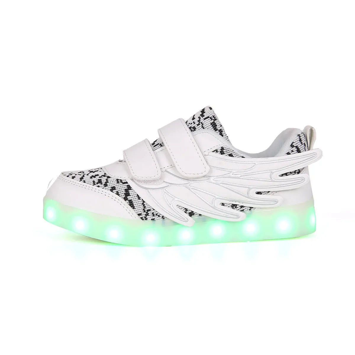 Children's plum red and white sneakers with colourful LED lights glowing on the side.