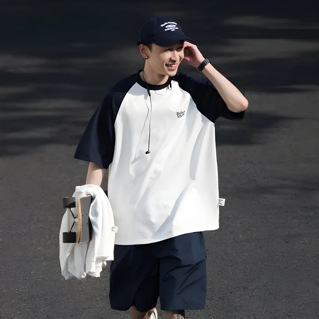 Men's casual Japanese raglan sleeve t-shirt in gray, loose fit, thin chemical fibre blend, pullover style