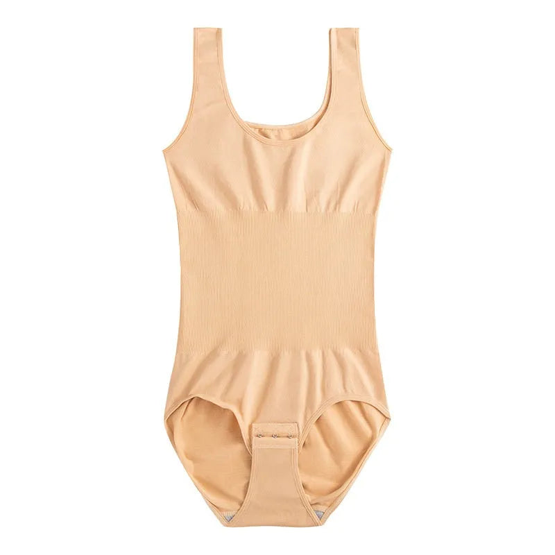Seamless nylon bodysuit shapewear for women in apricot colour on a hanger.