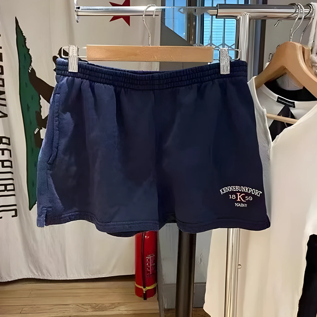 Women's dark blue cotton high-waisted sports hot pants with white flag embroidery