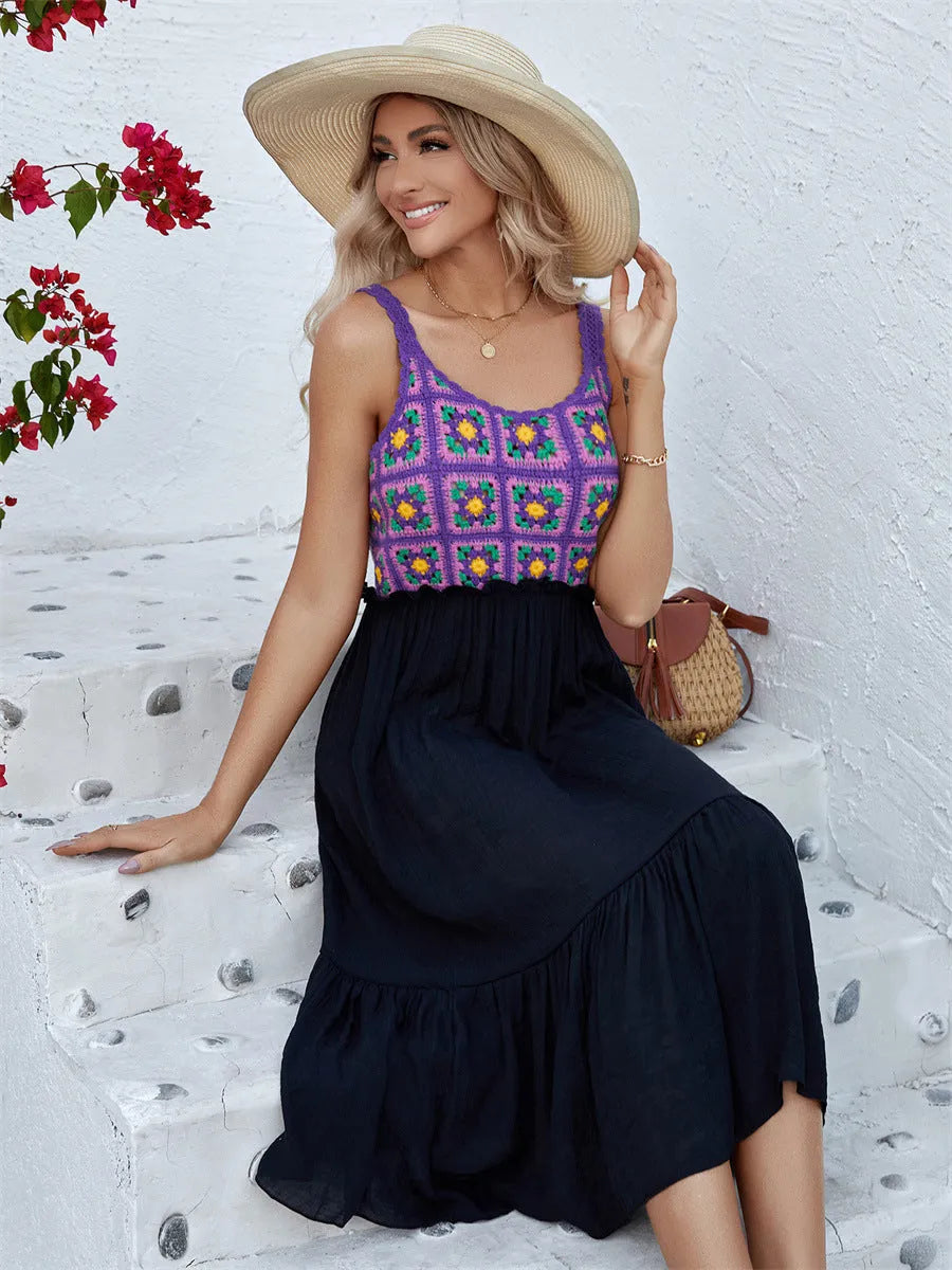 Purple sleeveless dress with hand hook floral stitching on cotton blend fabric