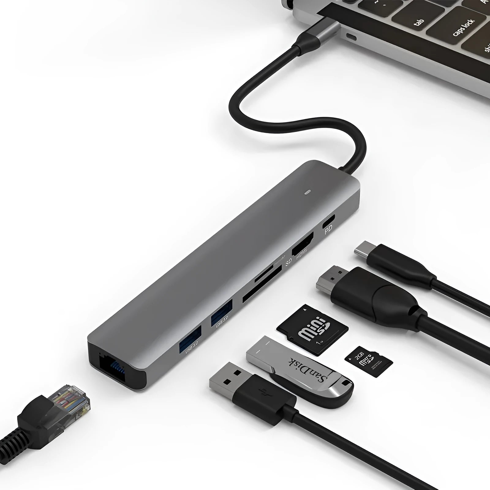LQT-LH07 seven-in-one USB C hub and card reader adapter for laptops on a desk.