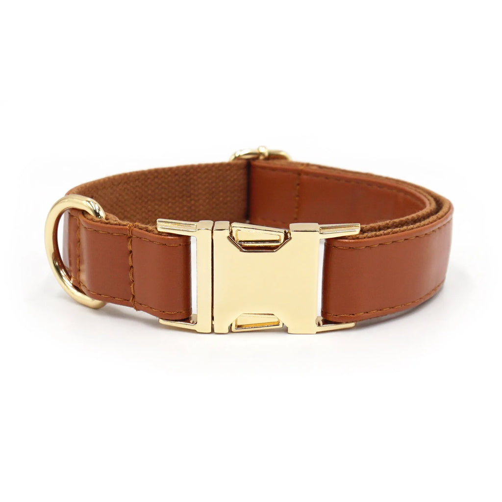 Leather dog collar with simple colour blocking design in caramel colour