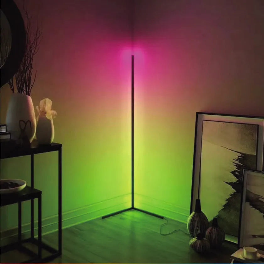 Black smart floor lamp with aluminium body and silicone shade, showing remote control