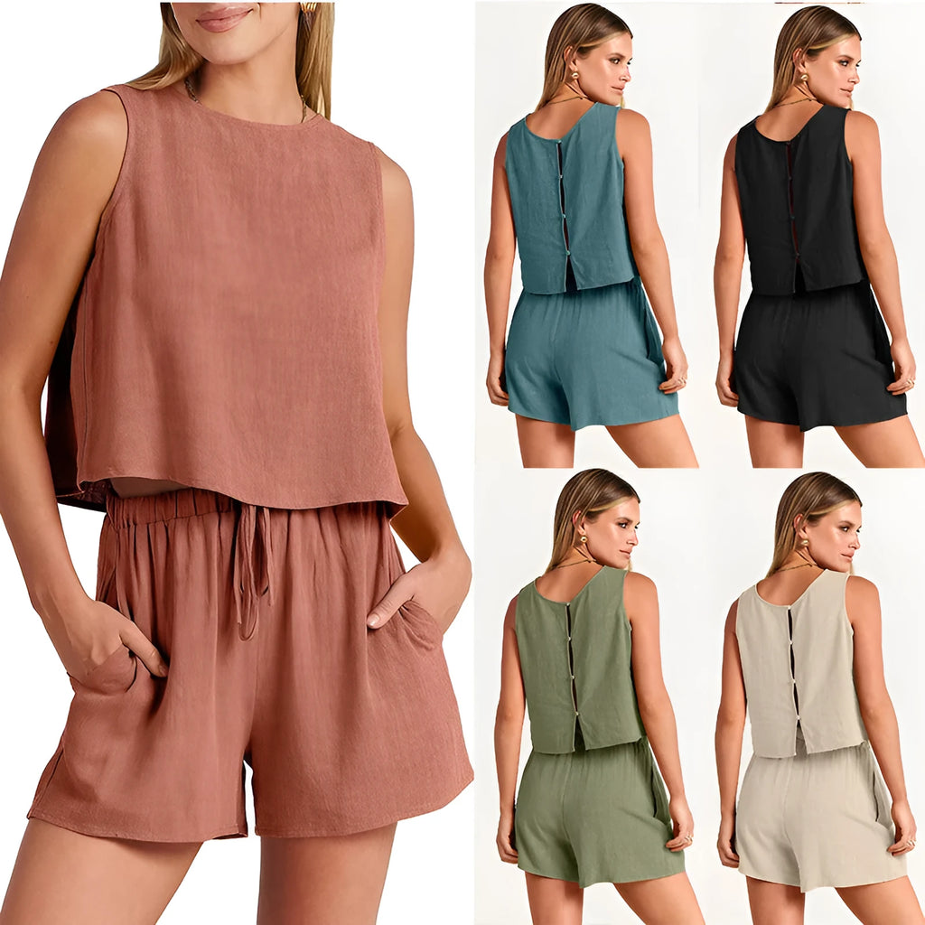 Women's summer set with sleeveless top and drawstring shorts in rayon linen blend fabric
