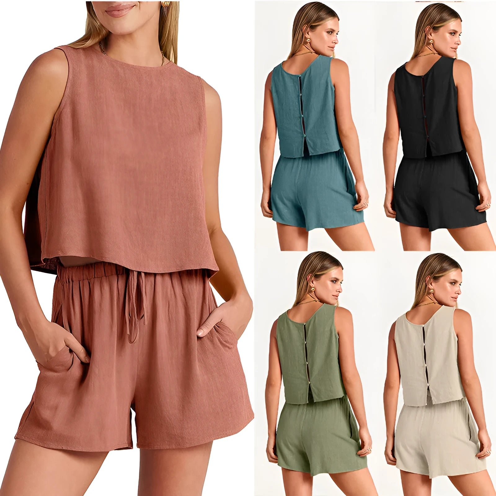 Women's summer set with sleeveless top and drawstring shorts in rayon linen blend fabric