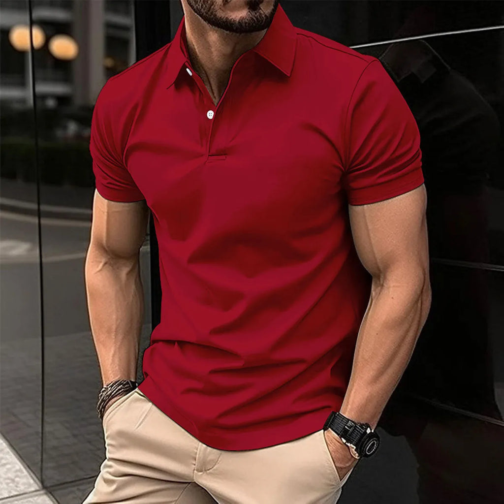 Men's solid colour short sleeve polo shirt with a button lapel collar, shown in multiple colour options.