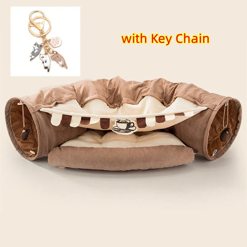 Collapsible cloth cat tunnel toy shown in one of four colours: bar, coffee, matcha, or pink