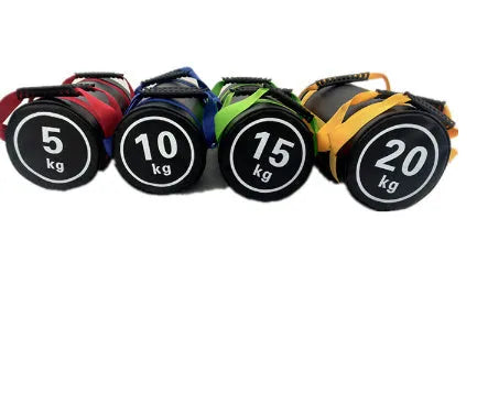 Flat white PVC fitness training sandbag with weight options from 5kg to 30kg for strength workouts