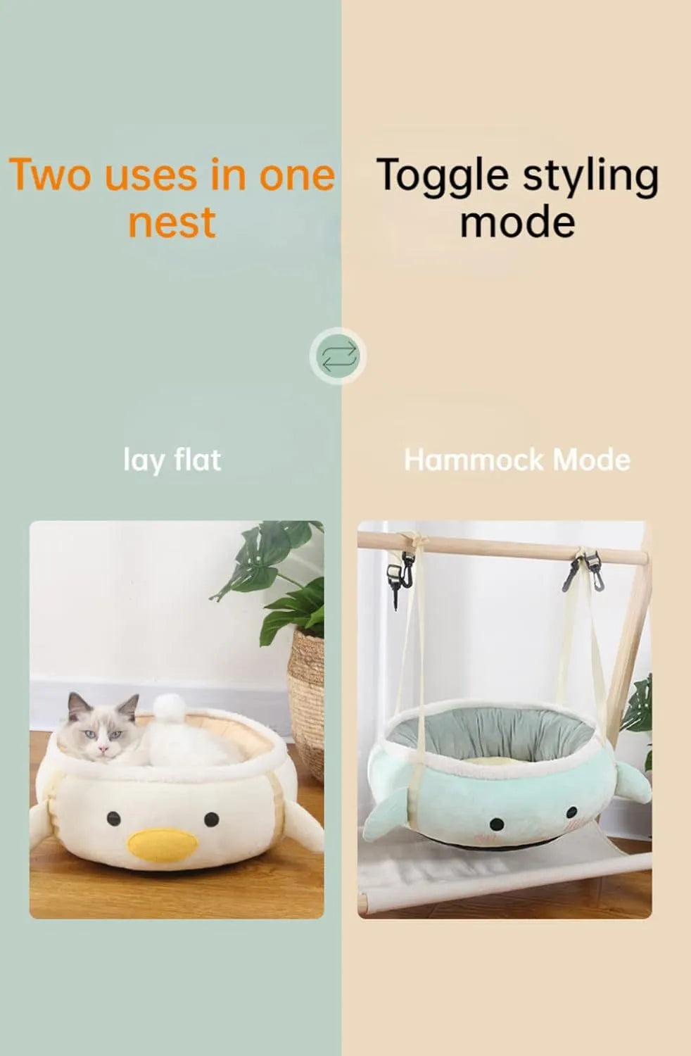 Green dinosaur and chick shaped cat bed shown both as a flat sofa and hanging as a hammock.