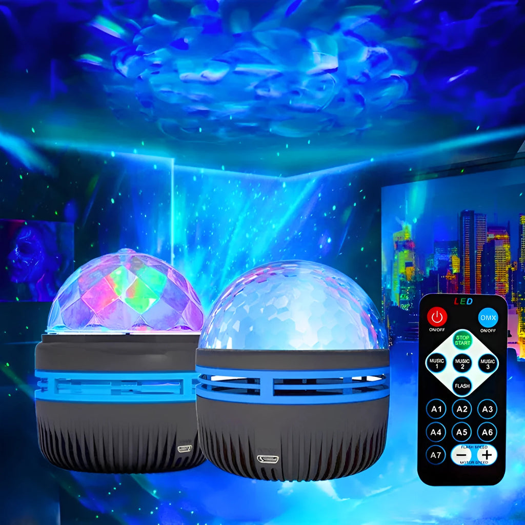 LED rotating magic ball galaxy projector lamp with remote control on a bedside table.