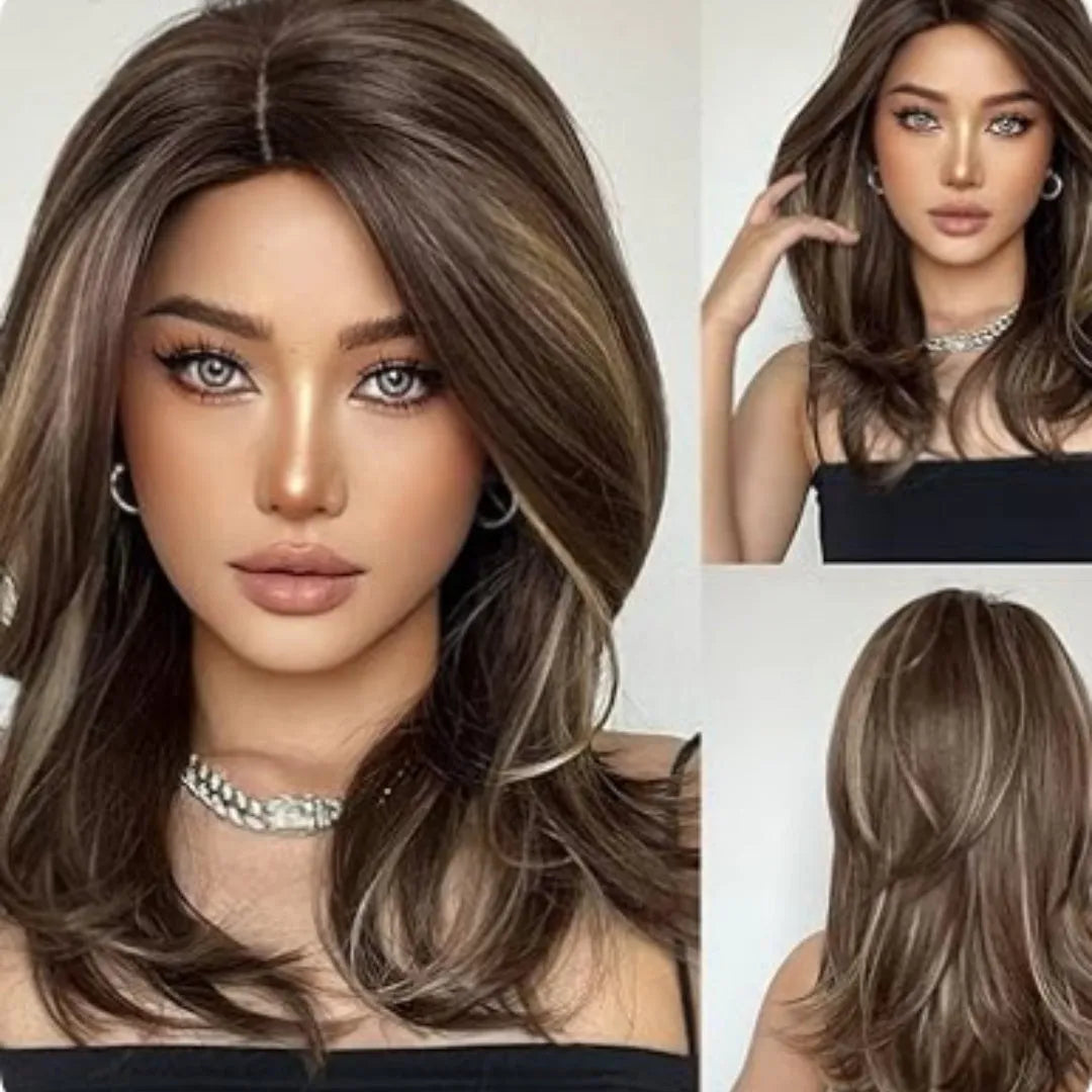 Mid-length full-head wig with long curly hair, bangs, and platinum gradient colour