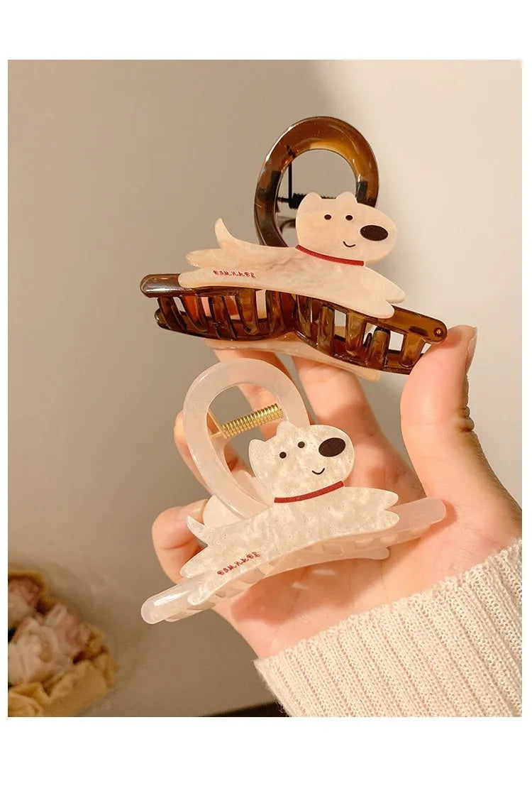 Cute cartoon puppy barrette grip hair clip in beige with puppy handle, 8cm and 13cm sizes available