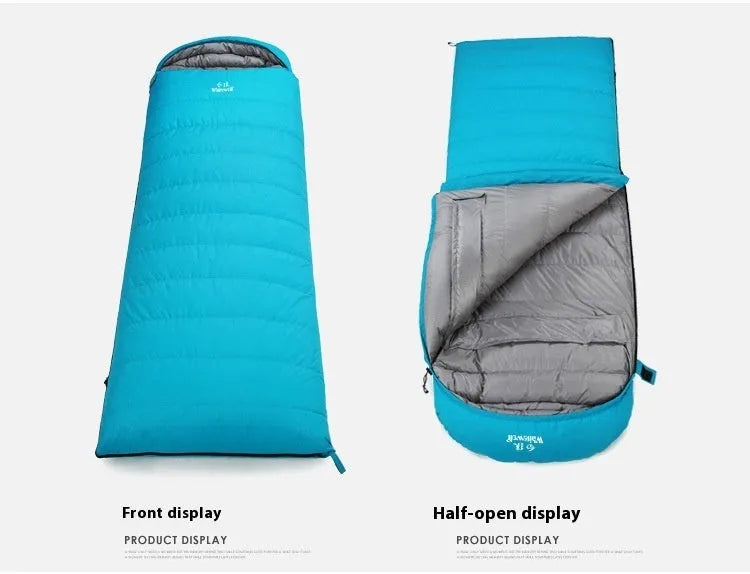 Black adult outdoor sleeping bag with white goose down filler and envelope design.