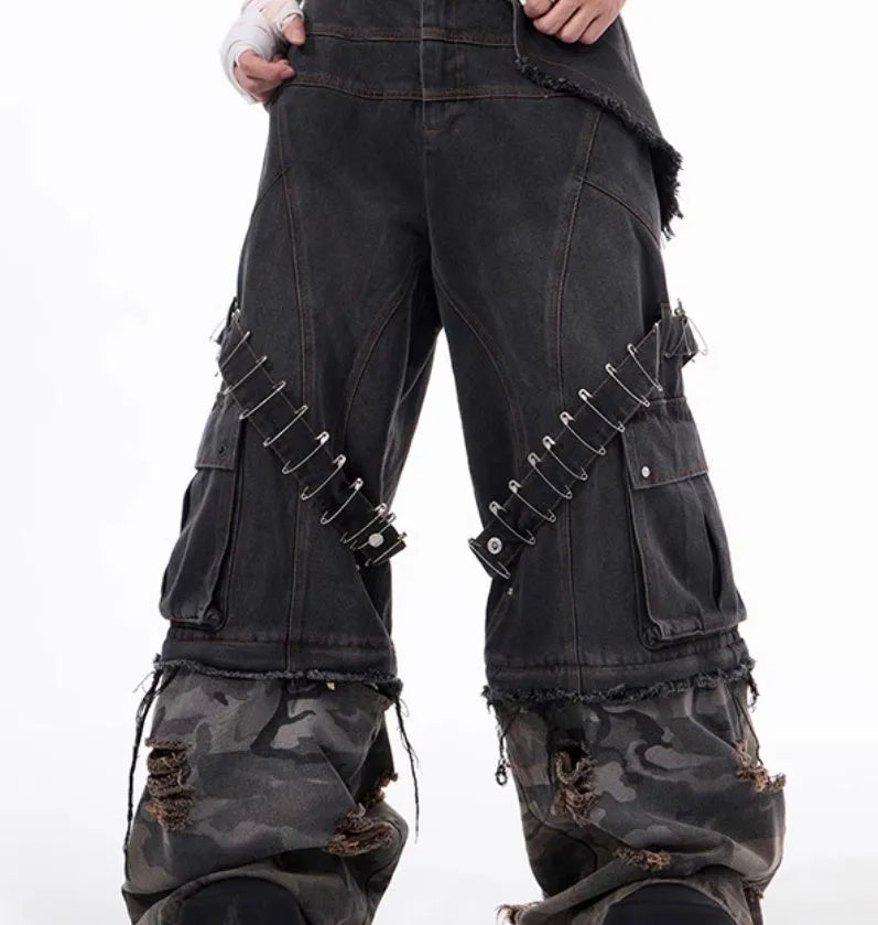 Men's grey jeans with camouflage pattern and ribbed fabric panelling detail, long leg