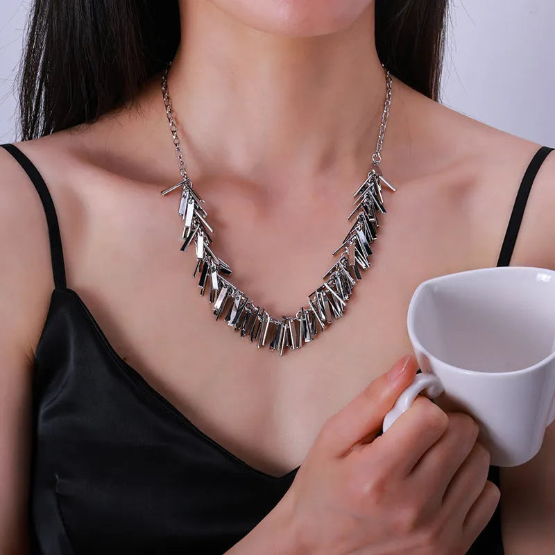 Silver square geometric pendant necklace with tassels on adjustable clavicle chain 31-40cm for women