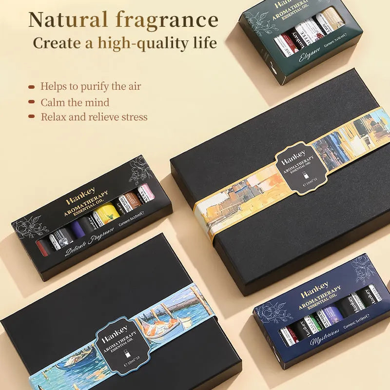 Boxed set of water-soluble aromatherapy essential oils for room freshening with diffusers