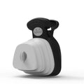 Blue handheld dog poop scooper with expandable container and integrated bag dispenser, shown with a carabiner clip.